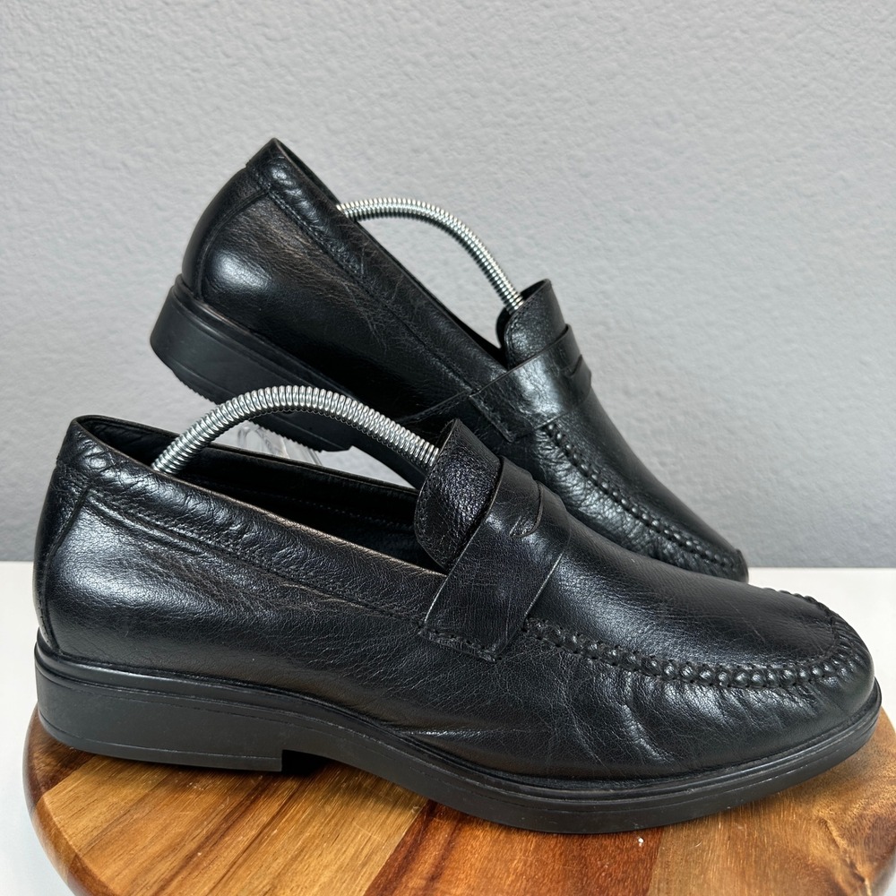 Gravity Defyer Mens Leather Penny Loafers Black Slip On Moc Toe Shoes SZ 11 Dad
